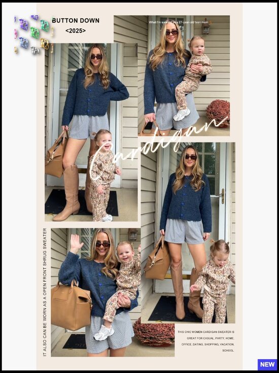 Y2K Button Down Cardigan Sweater Long Sleeve Crew Neck Knit Fall Outfits - Picture 6 of 7